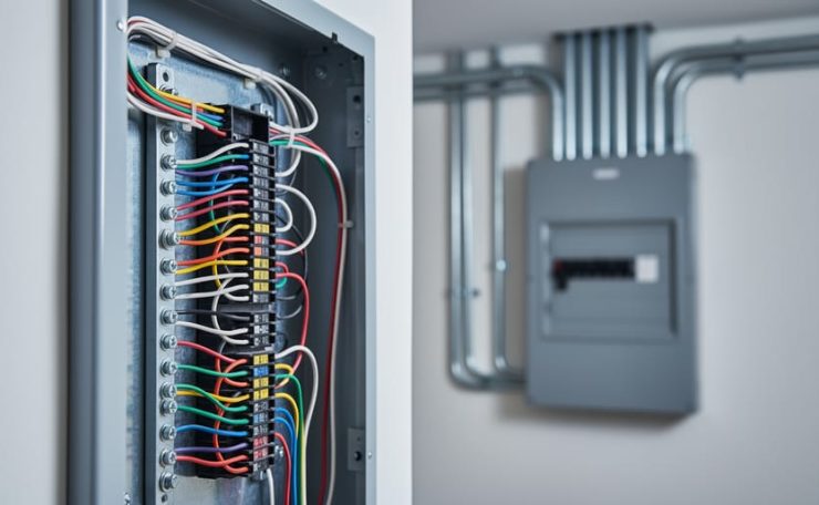 Close-up of a Lutron lighting control panel with neatly routed line voltage wiring, low-voltage control wires, and neutral/ground conductors inside a residential electrical enclosure.