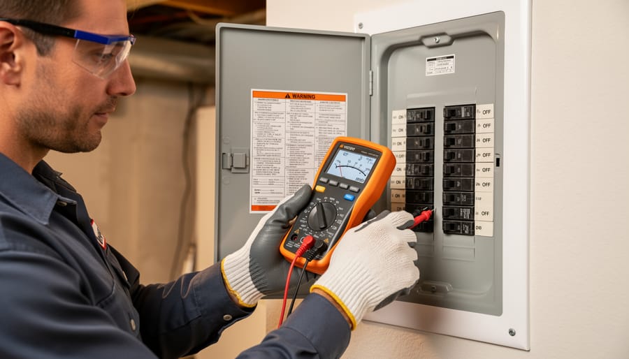 Electrician’s gloved hands using a voltage tester near an electrical breaker panel