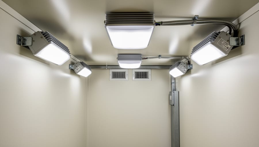 Lighting fixture installed in an attic or utility closet showing safe enclosed-space installation