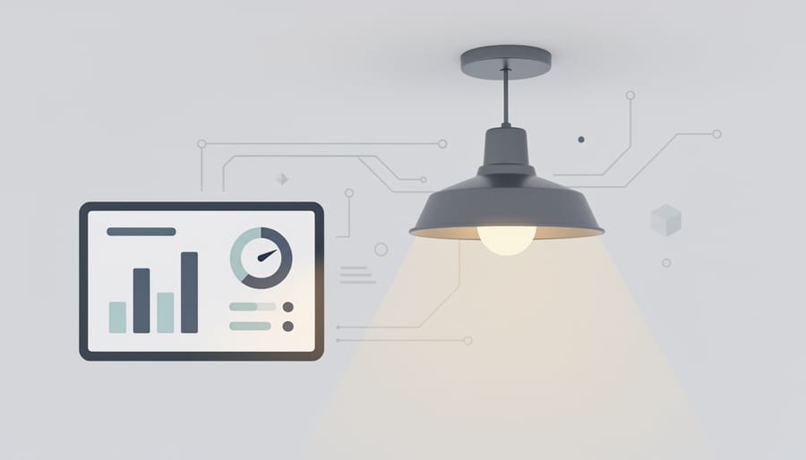 Close-up of energy-monitoring devices near an LED and halogen light on a workbench