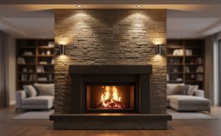 Warm glowing fireplace in a modern living room with layered downlights and sconces highlighting the mantel as the focal point.