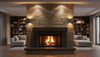 Warm glowing fireplace in a modern living room with layered downlights and sconces highlighting the mantel as the focal point.