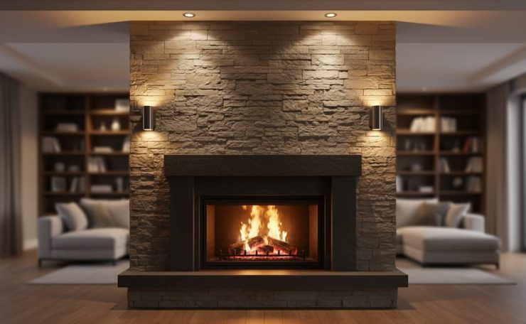 Warm glowing fireplace in a modern living room with layered downlights and sconces highlighting the mantel as the focal point.