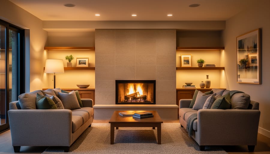 Cozy living room with a brick fireplace as the focal point and layered lighting around seating areas.