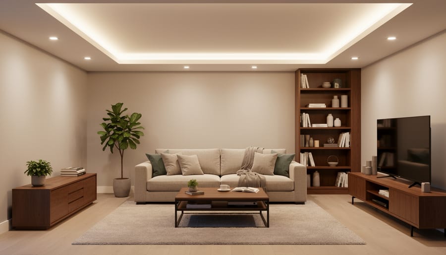 Living room illuminated by LED lighting showing even light across furniture