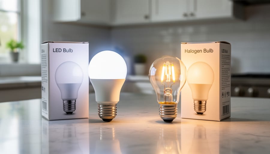 LED and halogen light bulbs placed side-by-side on a kitchen countertop