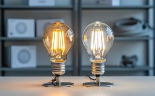 LED and halogen bulbs displayed side by side on a workbench for a lighting comparison.