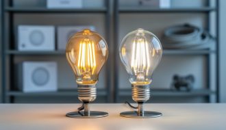LED and halogen bulbs displayed side by side on a workbench for a lighting comparison.