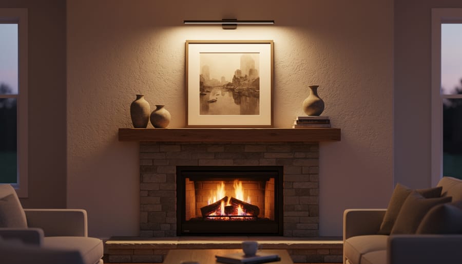 Picture light illuminating framed art above a fireplace mantel with warm accent lighting.