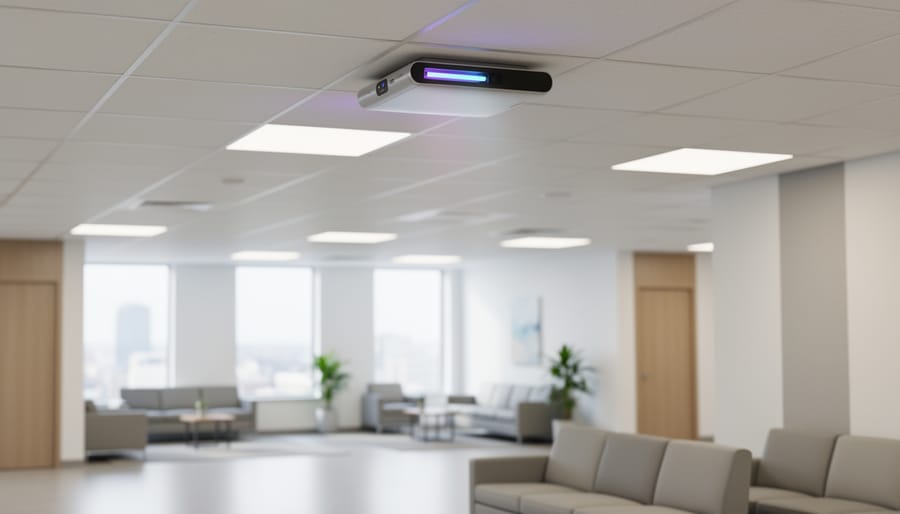 Ceiling-mounted UVC LED disinfection unit in a modern indoor hallway