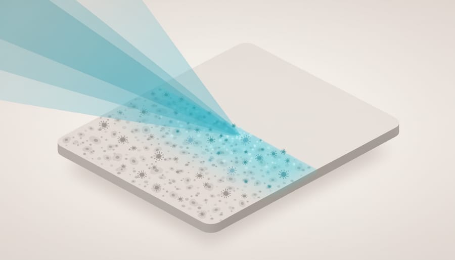 Close-up of a clean glass or stainless surface illuminated by cool violet-blue light to suggest UVC disinfection