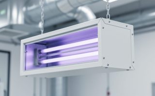 Modern ventilation hardware with embedded UVC LED light bars emitting a subtle violet glow for disinfection.