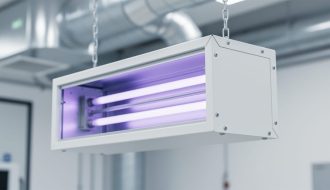 Modern ventilation hardware with embedded UVC LED light bars emitting a subtle violet glow for disinfection.